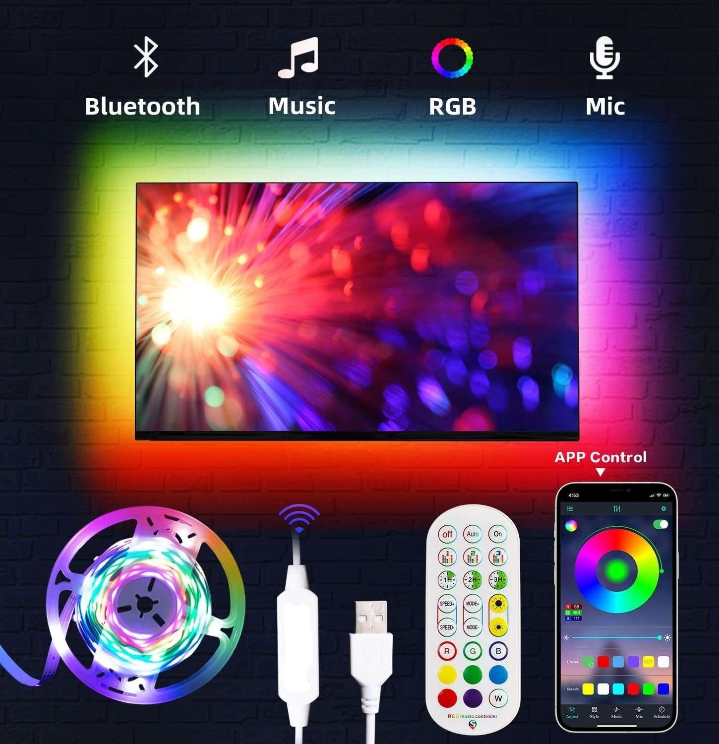 16 Feet RGB USB Music Sync Strip Mood Light (App and Remote control)